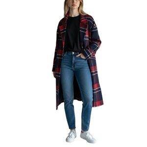 ASOS Liquorish Boxy Straight Coat in Red Navy Check Size 6 EUC